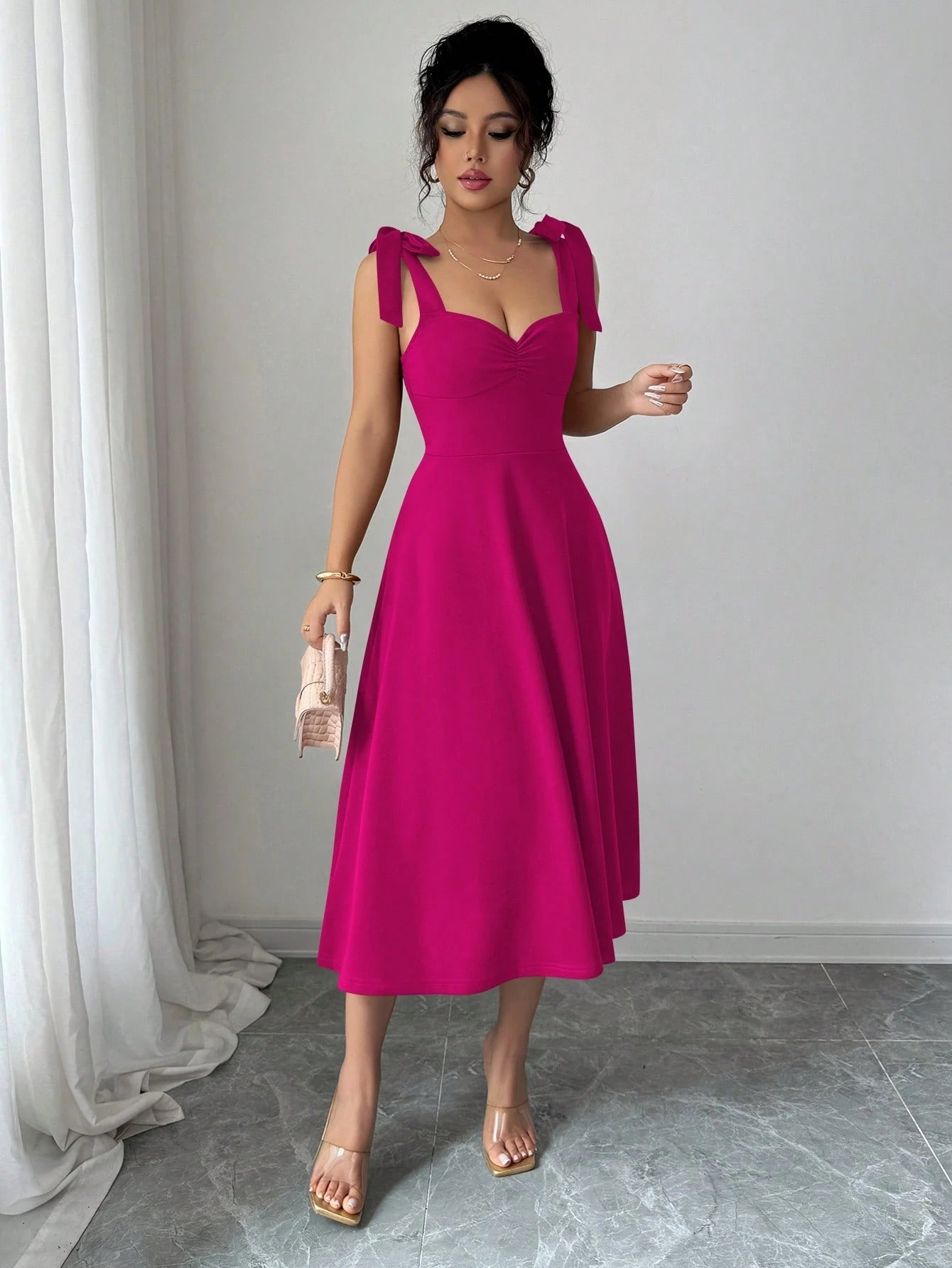 Elenzga Sleeveless Tie-Up Bow Decor Waist A-Line Elegant Romantic Women Dress