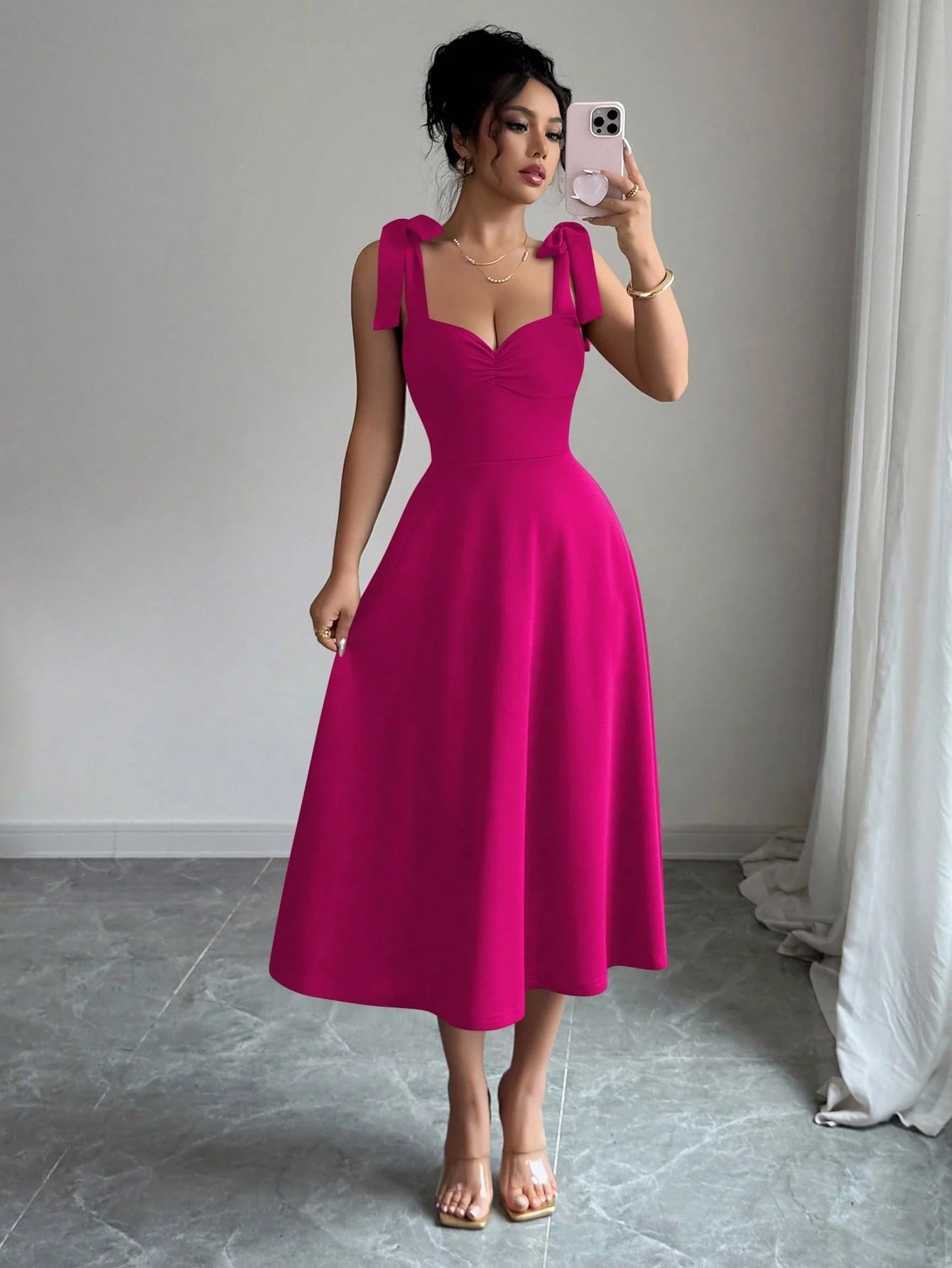 Elenzga Sleeveless Tie-Up Bow Decor Waist A-Line Elegant Romantic Women Dress
