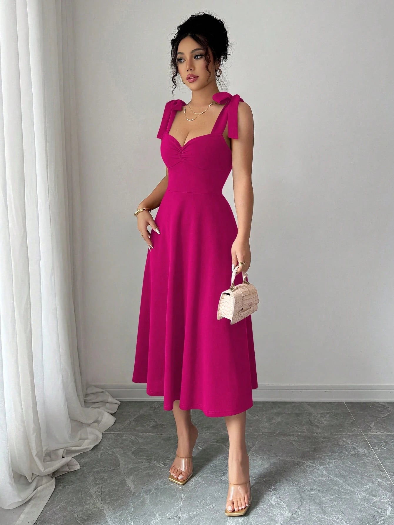 Elenzga Sleeveless Tie-Up Bow Decor Waist A-Line Elegant Romantic Women Dress