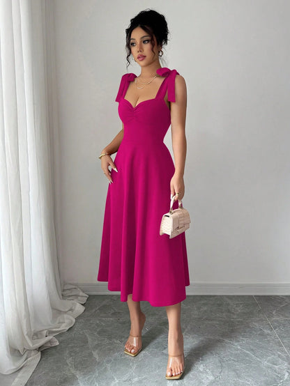 Elenzga Sleeveless Tie-Up Bow Decor Waist A-Line Elegant Romantic Women Dress