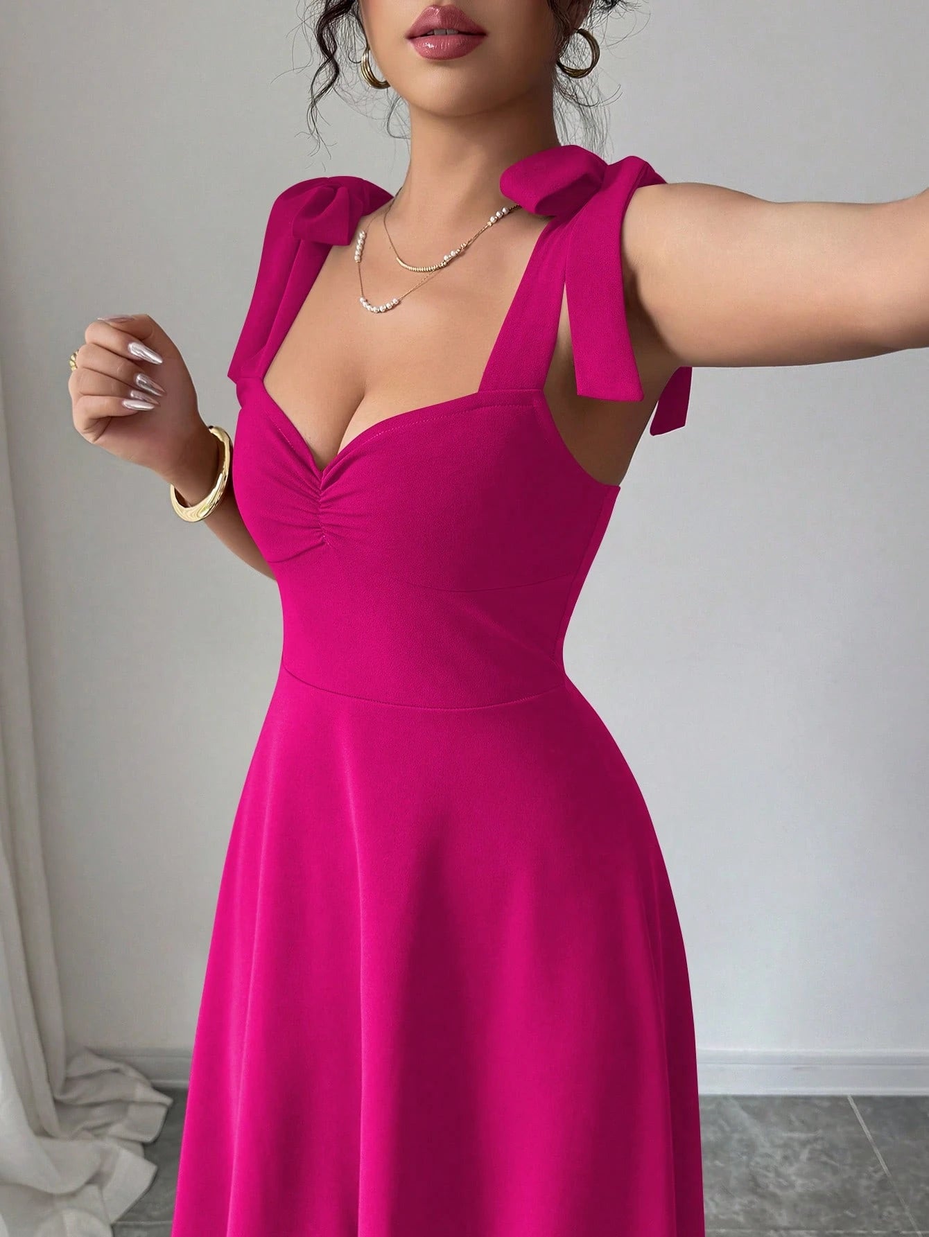 Elenzga Sleeveless Tie-Up Bow Decor Waist A-Line Elegant Romantic Women Dress