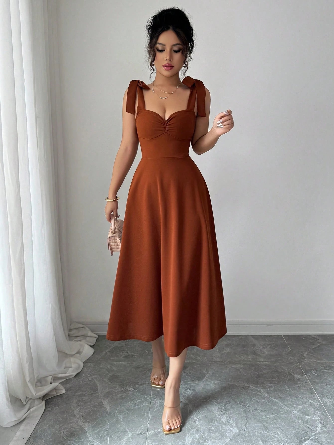 Elenzga Sleeveless Tie-Up Bow Decor Waist A-Line Elegant Romantic Women Dress