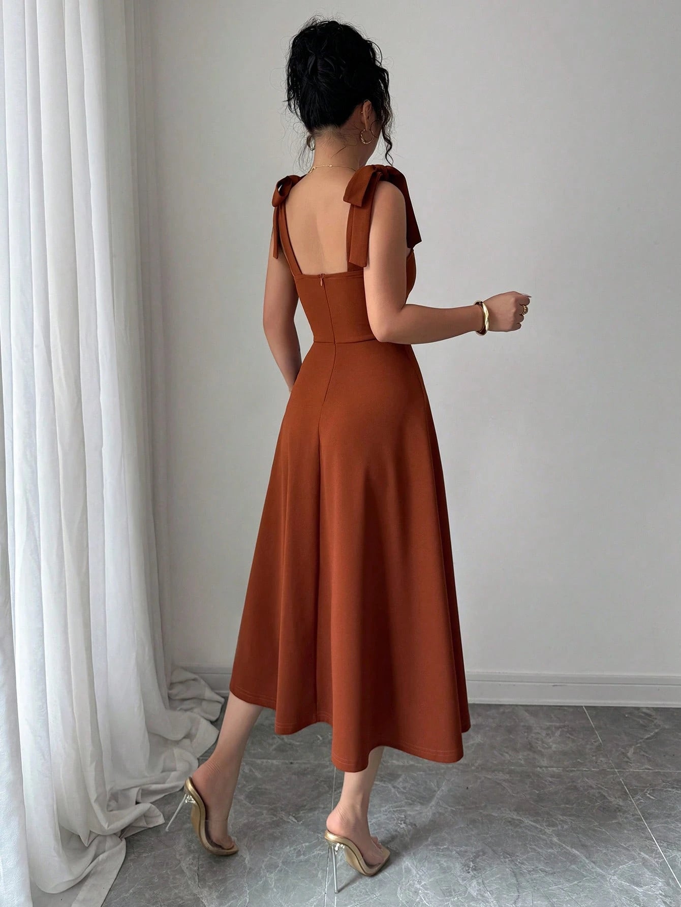Elenzga Sleeveless Tie-Up Bow Decor Waist A-Line Elegant Romantic Women Dress