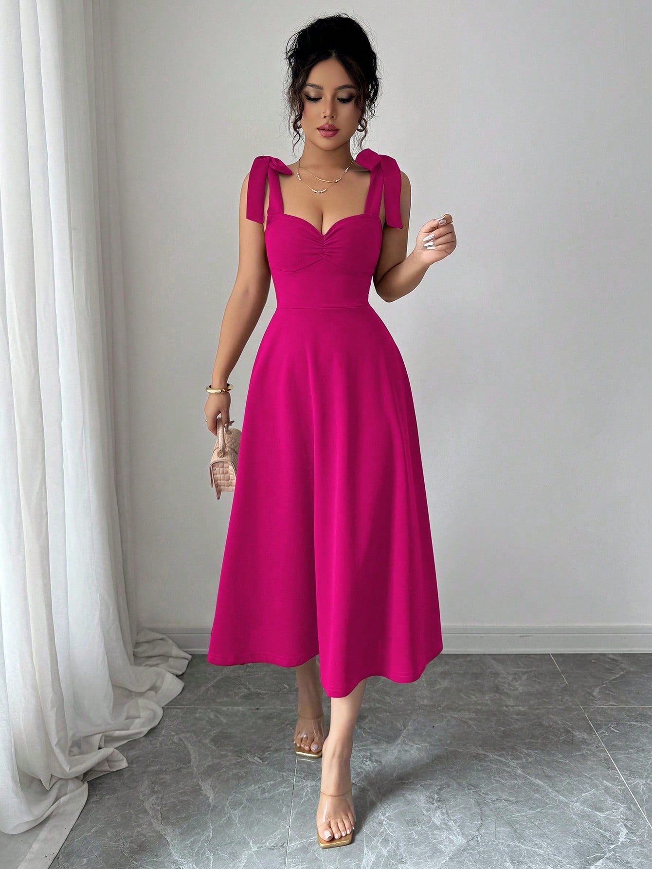 Elenzga Sleeveless Tie-Up Bow Decor Waist A-Line Elegant Romantic Women Dress