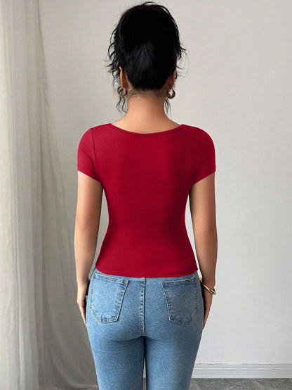 Elenzga Summer New Versatile Black Wavy Hem Square Neck Short Sleeve Side Ruched Women T-Shirt