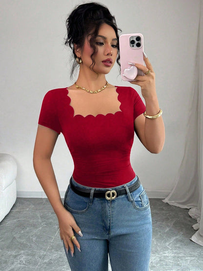 Elenzga Summer New Versatile Black Wavy Hem Square Neck Short Sleeve Side Ruched Women T-Shirt