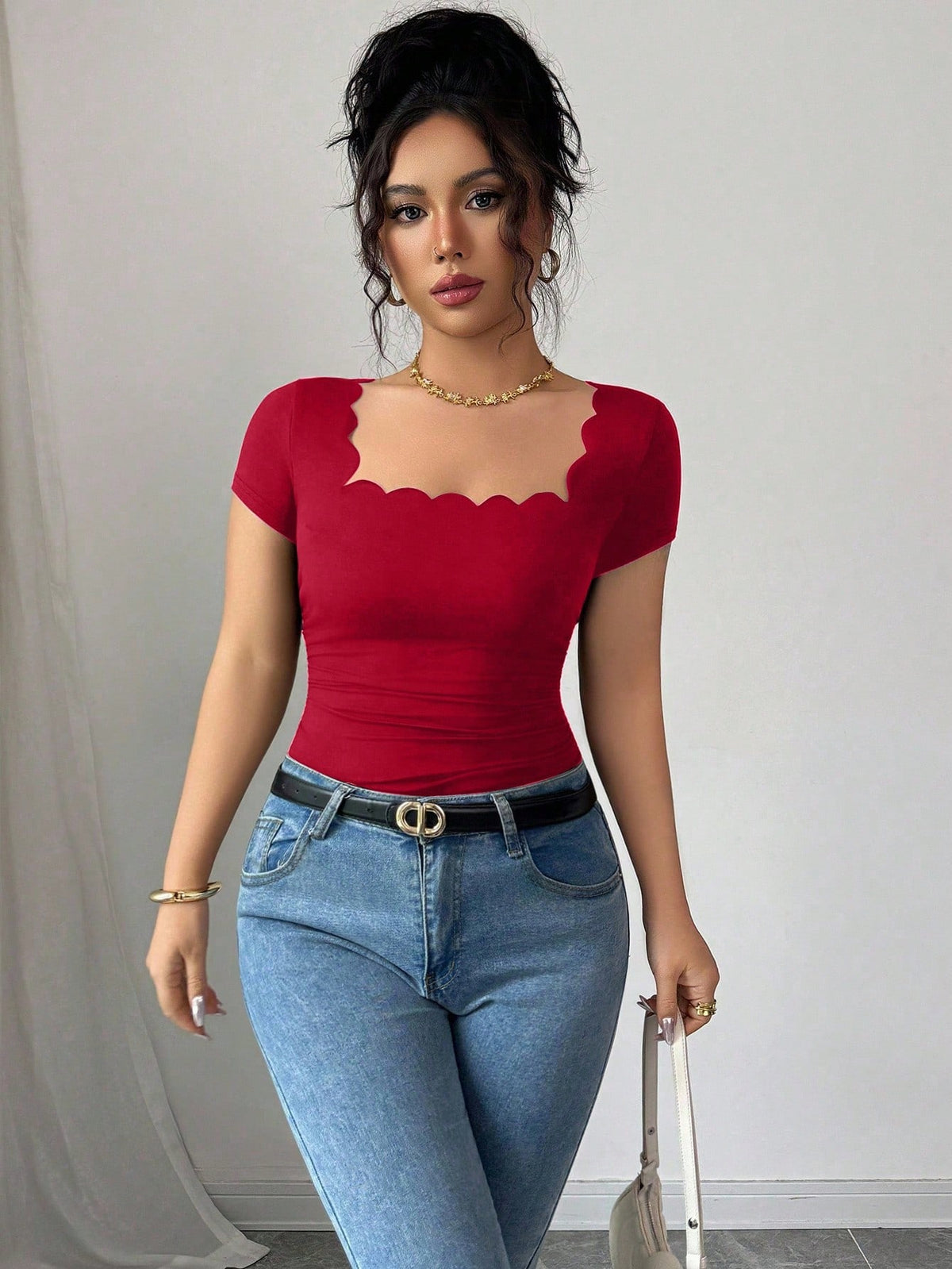 Elenzga Summer New Versatile Black Wavy Hem Square Neck Short Sleeve Side Ruched Women T-Shirt