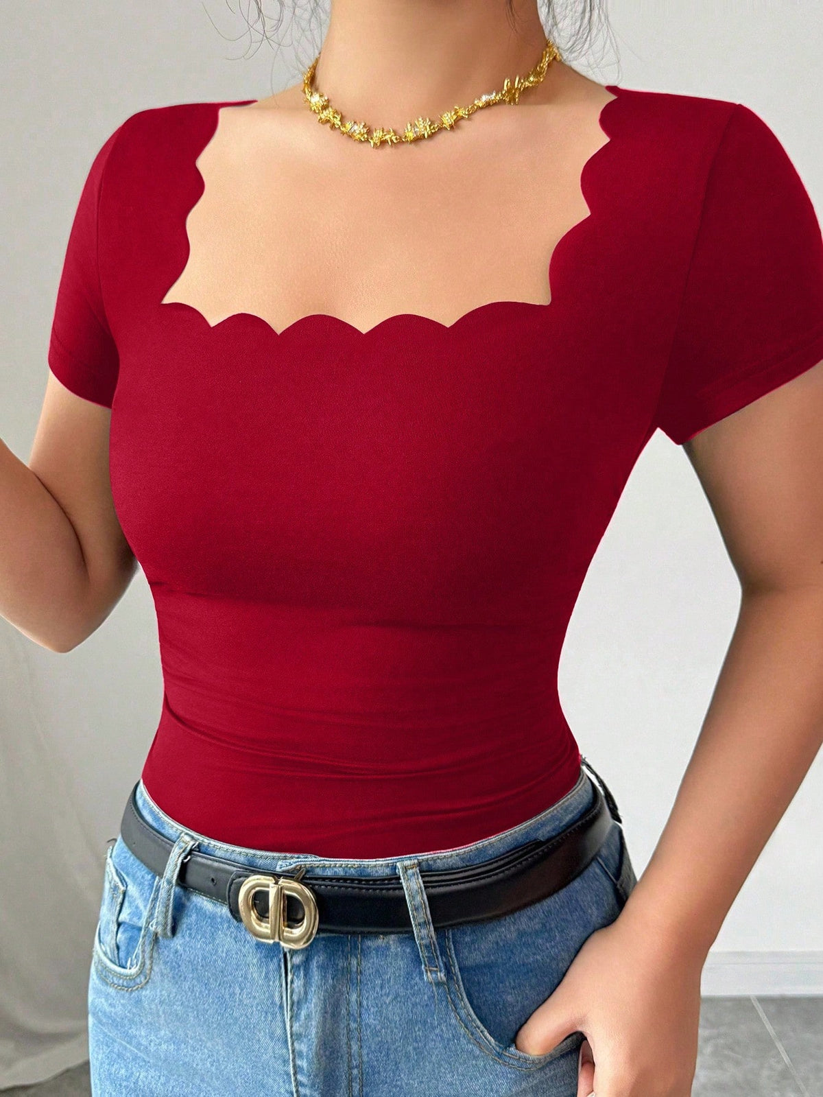 Elenzga Summer New Versatile Black Wavy Hem Square Neck Short Sleeve Side Ruched Women T-Shirt