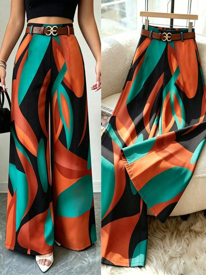 Elenzga Vacation Style Printed Wide Leg Pants, Drapey Loose Fit, Slimming, Elastic Waist, Women's Casual Sexy Elegant Long Pants Vacation Teal Autumn