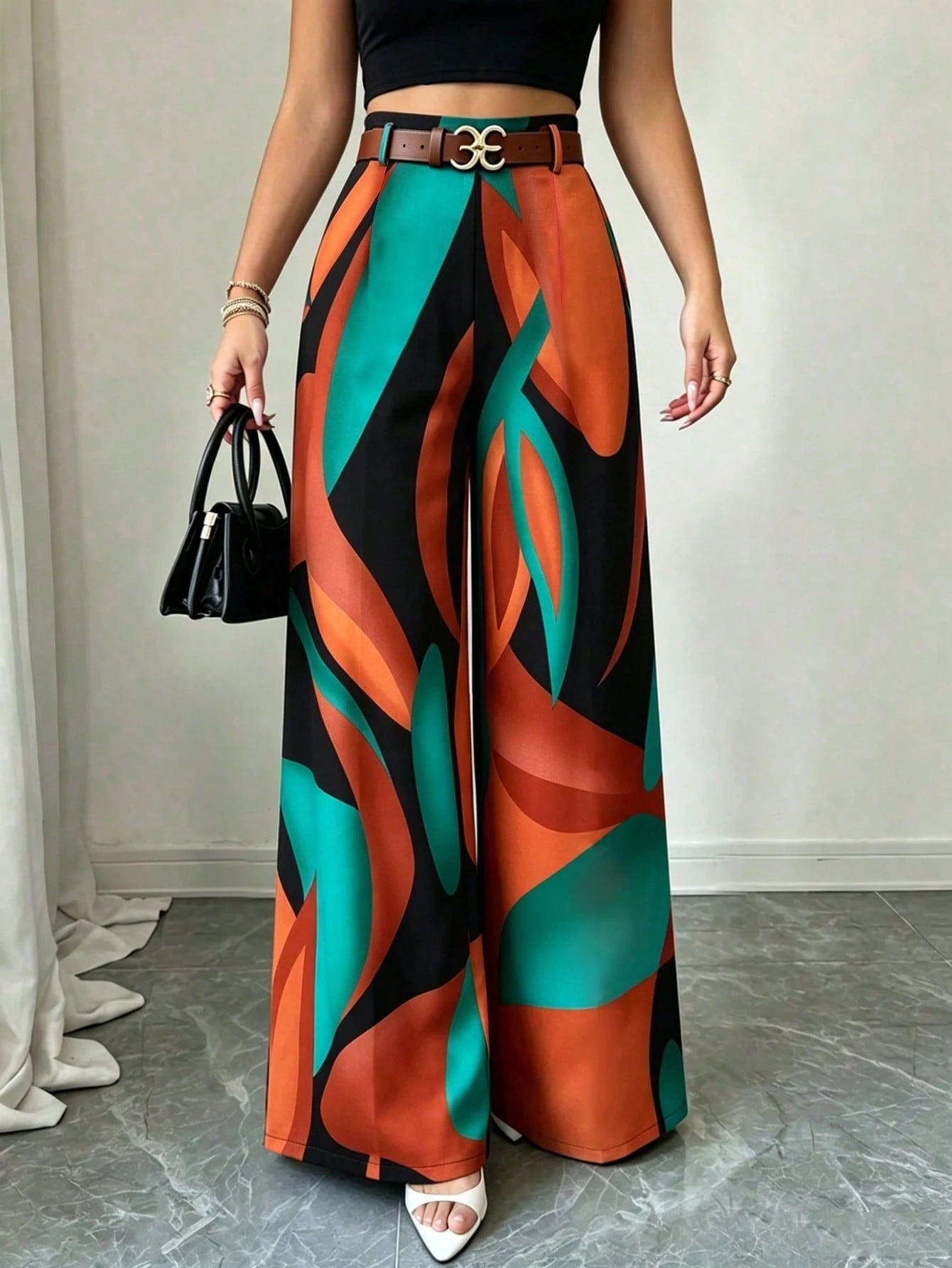 Elenzga Vacation Style Printed Wide Leg Pants, Drapey Loose Fit, Slimming, Elastic Waist, Women's Casual Sexy Elegant Long Pants Vacation Teal Autumn