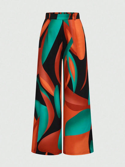 Elenzga Vacation Style Printed Wide Leg Pants, Drapey Loose Fit, Slimming, Elastic Waist, Women's Casual Sexy Elegant Long Pants Vacation Teal Autumn