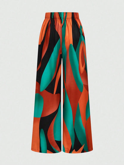 Elenzga Vacation Style Printed Wide Leg Pants, Drapey Loose Fit, Slimming, Elastic Waist, Women's Casual Sexy Elegant Long Pants Vacation Teal Autumn