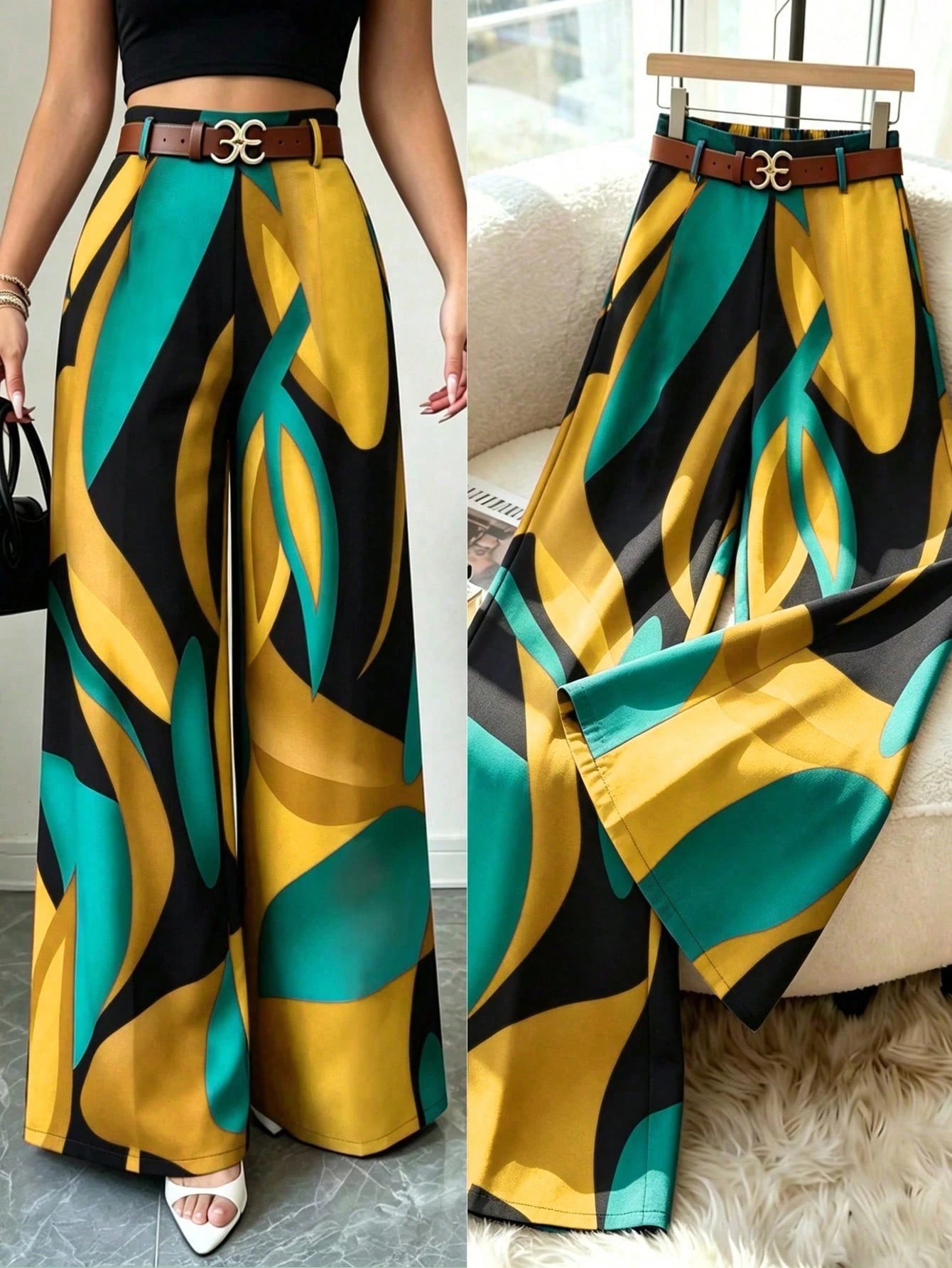 Elenzga Vacation Style Printed Wide Leg Pants, Drapey Loose Fit, Slimming, Elastic Waist, Women's Casual Sexy Elegant Long Pants Vacation Teal Autumn