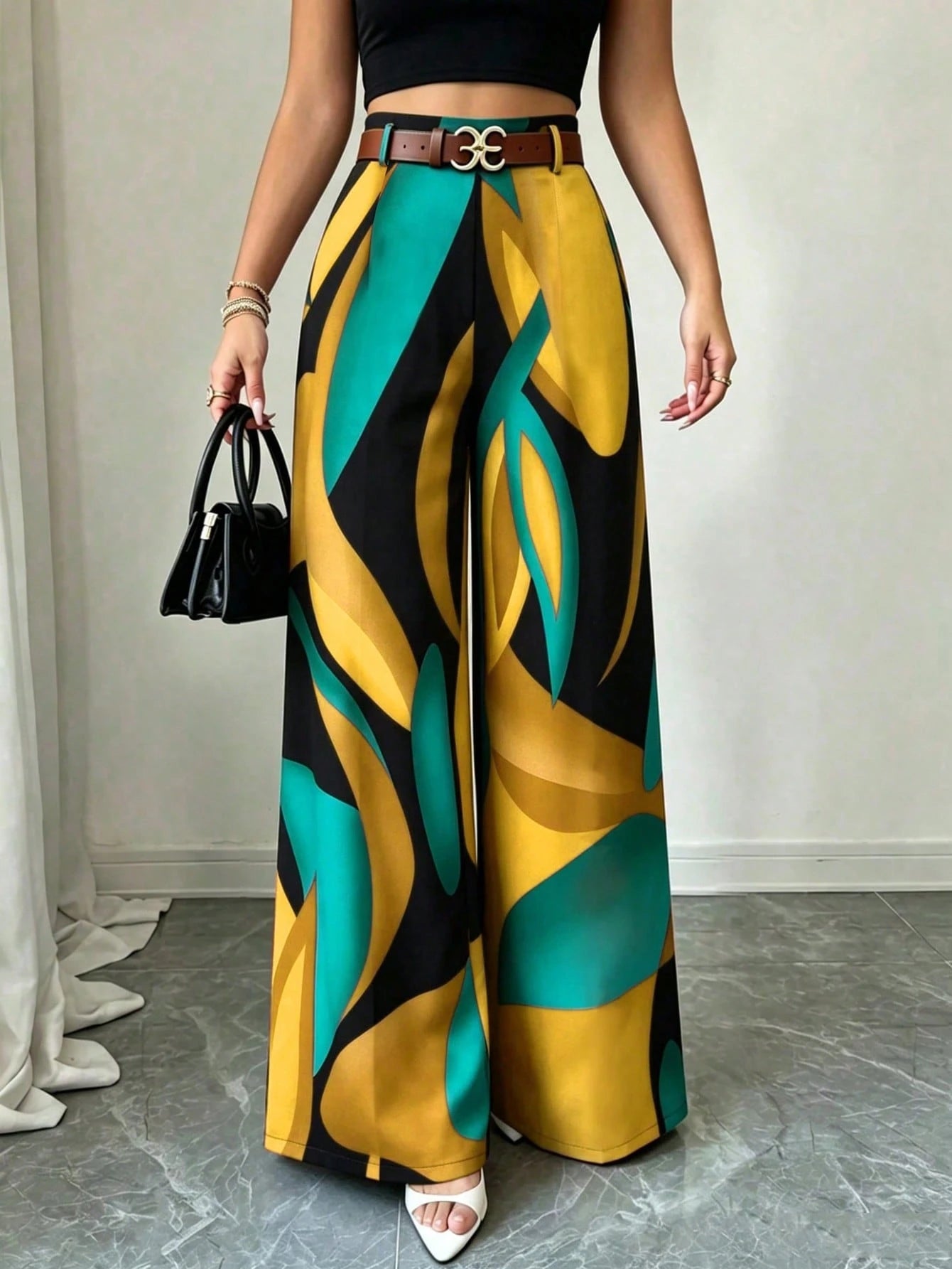 Elenzga Vacation Style Printed Wide Leg Pants, Drapey Loose Fit, Slimming, Elastic Waist, Women's Casual Sexy Elegant Long Pants Vacation Teal Autumn
