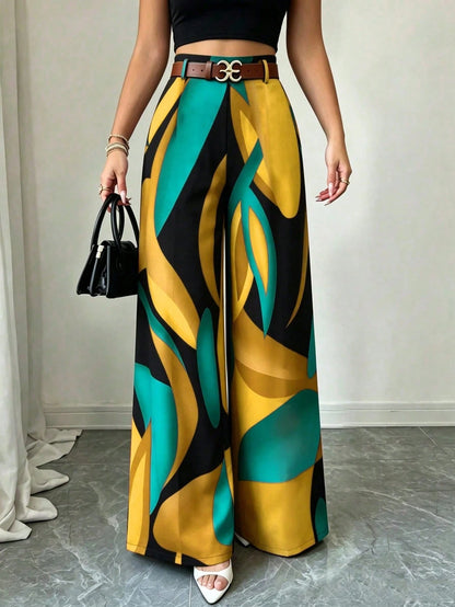 Elenzga Vacation Style Printed Wide Leg Pants, Drapey Loose Fit, Slimming, Elastic Waist, Women's Casual Sexy Elegant Long Pants Vacation Teal Autumn