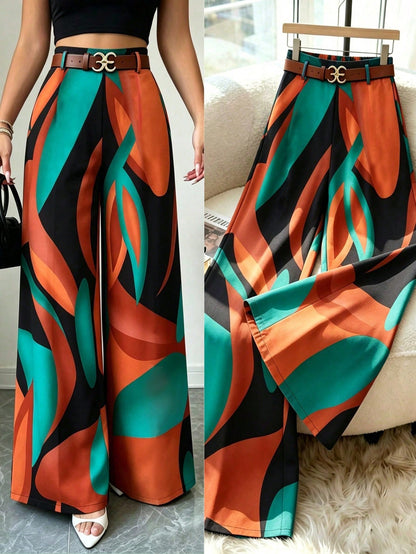 Elenzga Vacation Style Printed Wide Leg Pants, Drapey Loose Fit, Slimming, Elastic Waist, Women's Casual Sexy Elegant Long Pants Vacation Teal Autumn