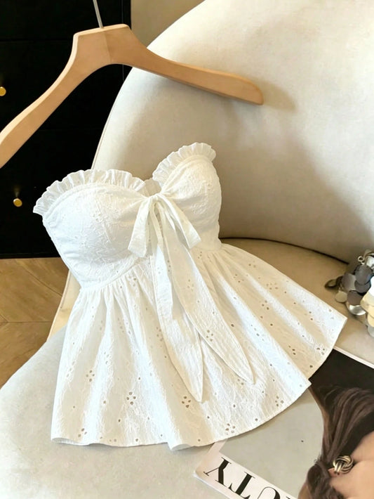 Elenzga White Summer Elegant Holiday Vacation Spaghetti Strap Bow Knitted Texture Hollow Out Waist Camisole Top,Casual Fashion Design For Dates
