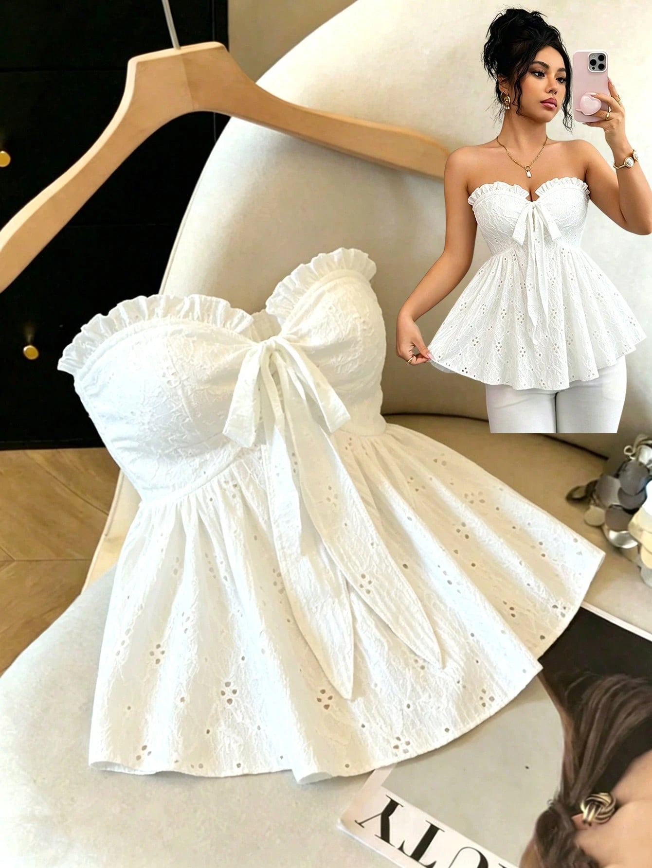 Elenzga White Summer Elegant Holiday Vacation Spaghetti Strap Bow Knitted Texture Hollow Out Waist Camisole Top,Casual Fashion Design For Dates