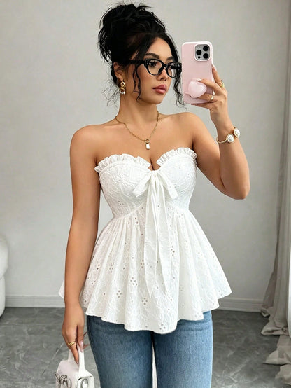 Elenzga White Summer Elegant Holiday Vacation Spaghetti Strap Bow Knitted Texture Hollow Out Waist Camisole Top,Casual Fashion Design For Dates