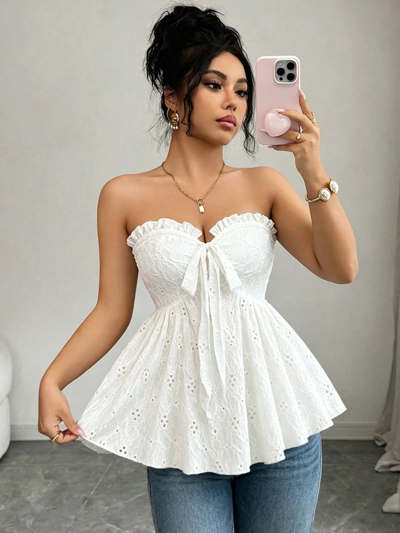 Elenzga White Summer Elegant Holiday Vacation Spaghetti Strap Bow Knitted Texture Hollow Out Waist Camisole Top,Casual Fashion Design For Dates