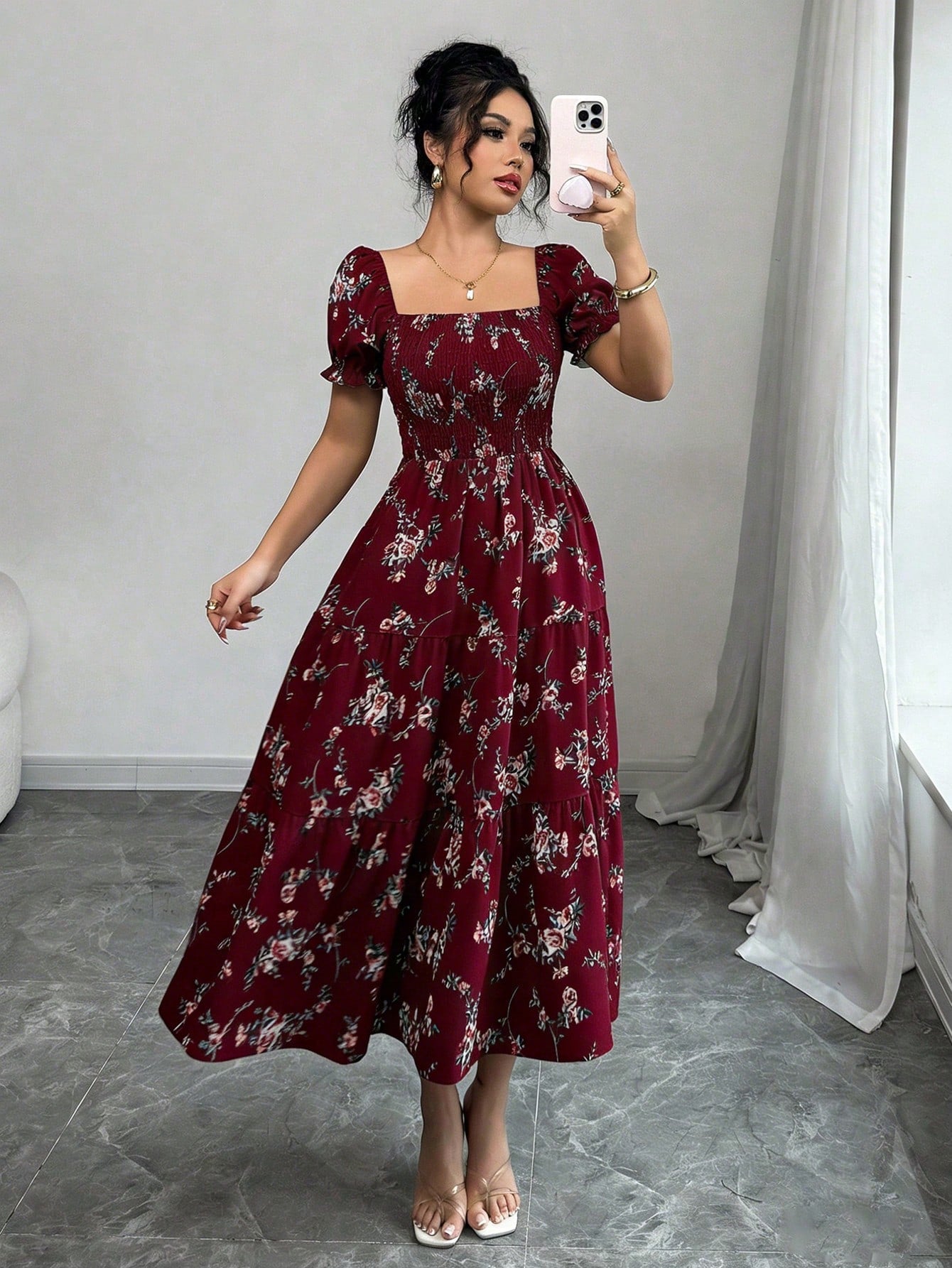 Elenzga Women's Burgundy Summer Boho Holiday Tea Party Holiday Square Neck Pleated Short Sleeve Ruffle Hem Maxi Dress,Ditsy Floral Beach Music Festival