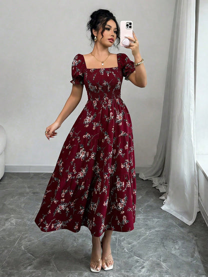Elenzga Women's Burgundy Summer Boho Holiday Tea Party Holiday Square Neck Pleated Short Sleeve Ruffle Hem Maxi Dress,Ditsy Floral Beach Music Festival