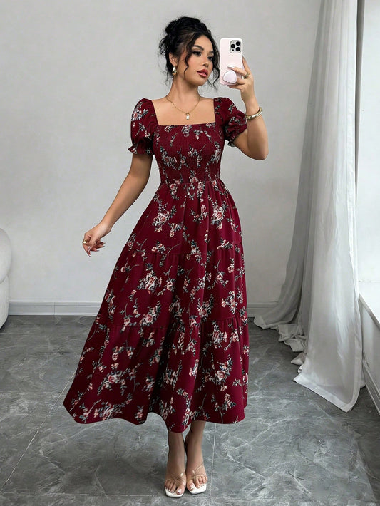 Elenzga Women's Burgundy Summer Boho Holiday Tea Party Holiday Square Neck Pleated Short Sleeve Ruffle Hem Maxi Dress,Ditsy Floral Beach Music Festival