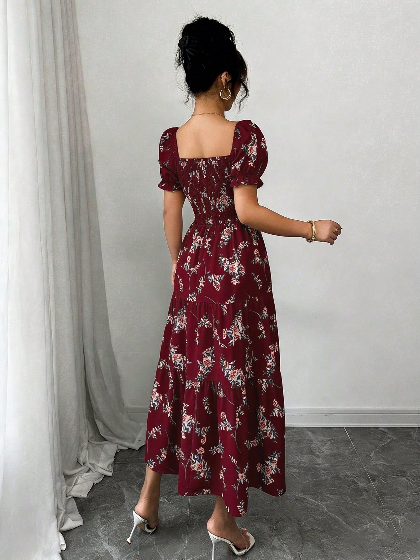 Elenzga Women's Burgundy Summer Boho Holiday Tea Party Holiday Square Neck Pleated Short Sleeve Ruffle Hem Maxi Dress,Ditsy Floral Beach Music Festival