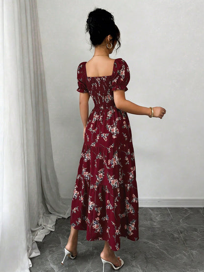 Elenzga Women's Burgundy Summer Boho Holiday Tea Party Holiday Square Neck Pleated Short Sleeve Ruffle Hem Maxi Dress,Ditsy Floral Beach Music Festival