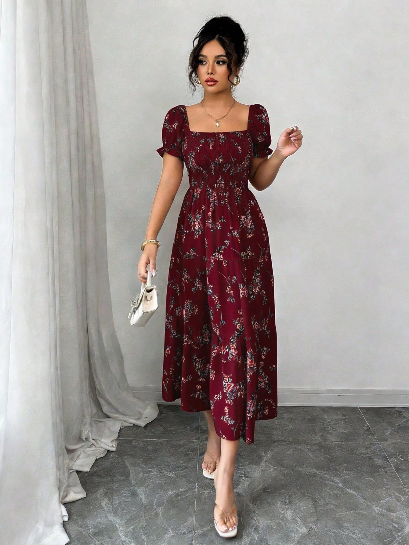 Elenzga Women's Burgundy Summer Boho Holiday Tea Party Holiday Square Neck Pleated Short Sleeve Ruffle Hem Maxi Dress,Ditsy Floral Beach Music Festival