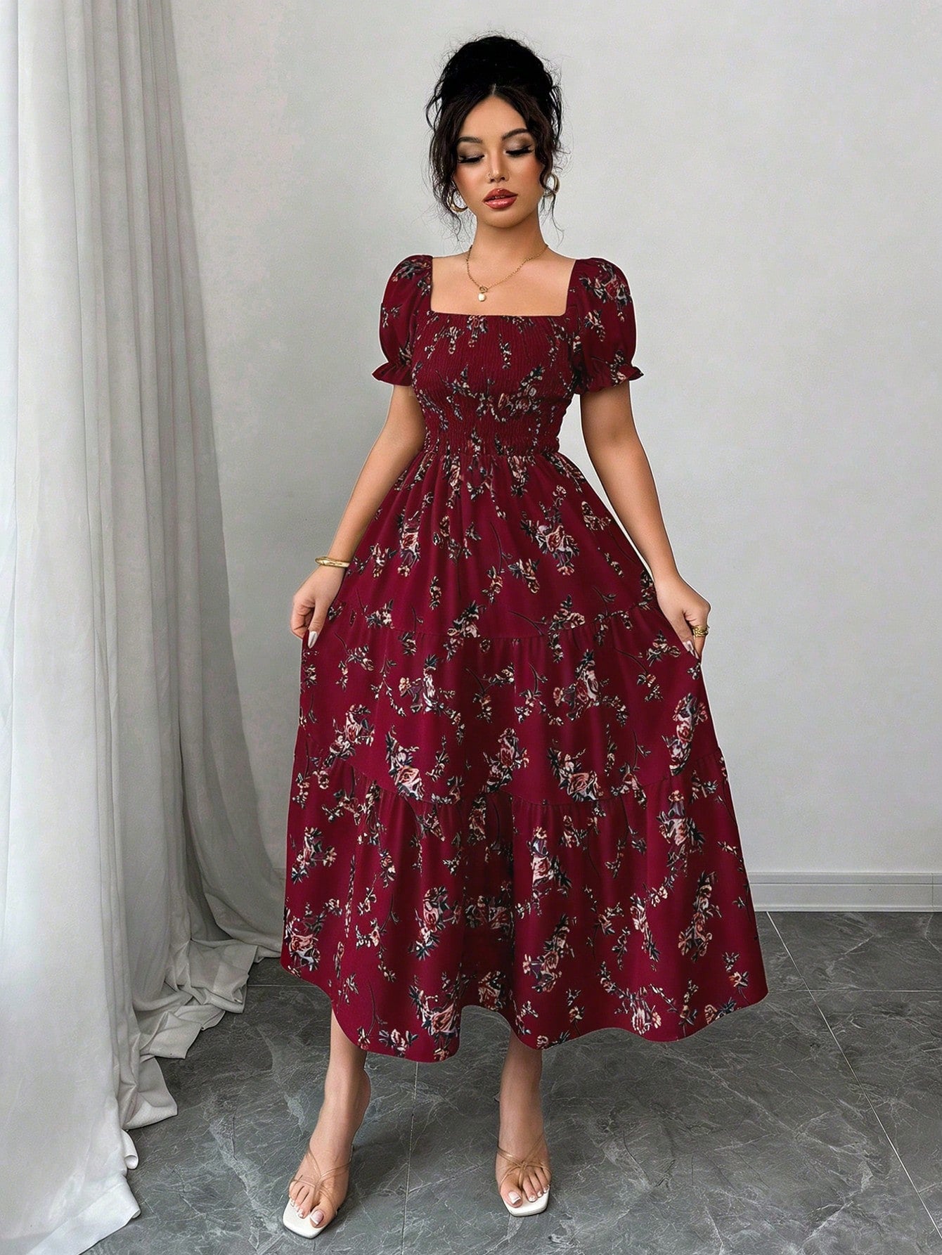 Elenzga Women's Burgundy Summer Boho Holiday Tea Party Holiday Square Neck Pleated Short Sleeve Ruffle Hem Maxi Dress,Ditsy Floral Beach Music Festival