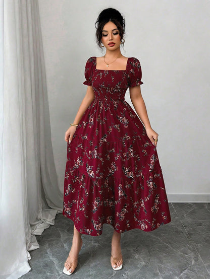 Elenzga Women's Burgundy Summer Boho Holiday Tea Party Holiday Square Neck Pleated Short Sleeve Ruffle Hem Maxi Dress,Ditsy Floral Beach Music Festival