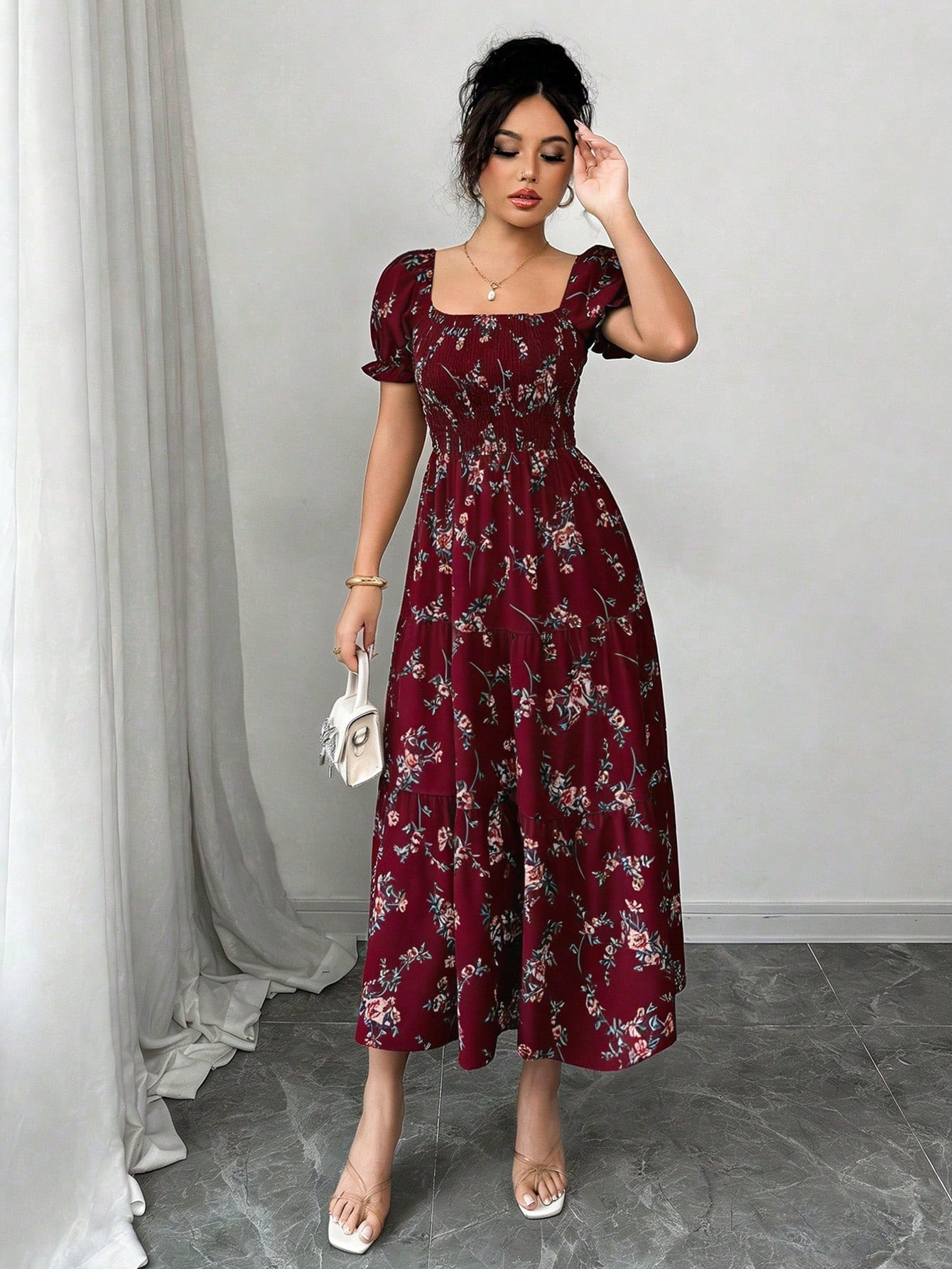 Elenzga Women's Burgundy Summer Boho Holiday Tea Party Holiday Square Neck Pleated Short Sleeve Ruffle Hem Maxi Dress,Ditsy Floral Beach Music Festival