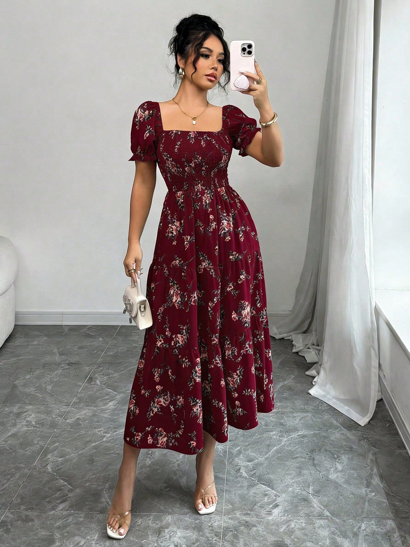 Elenzga Women's Burgundy Summer Boho Holiday Tea Party Holiday Square Neck Pleated Short Sleeve Ruffle Hem Maxi Dress,Ditsy Floral Beach Music Festival