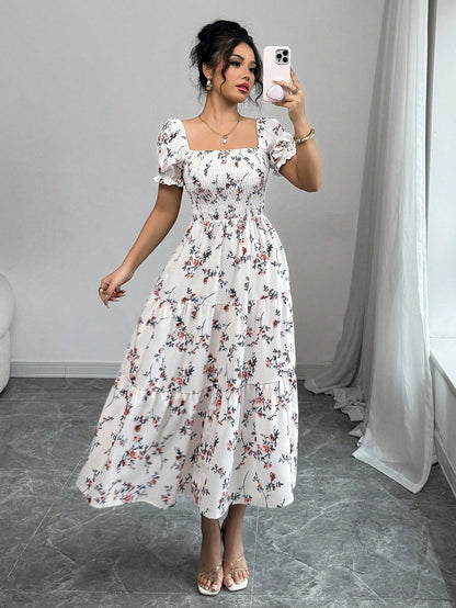 Elenzga Women's Burgundy Summer Boho Holiday Tea Party Holiday Square Neck Pleated Short Sleeve Ruffle Hem Maxi Dress,Ditsy Floral Beach Music Festival