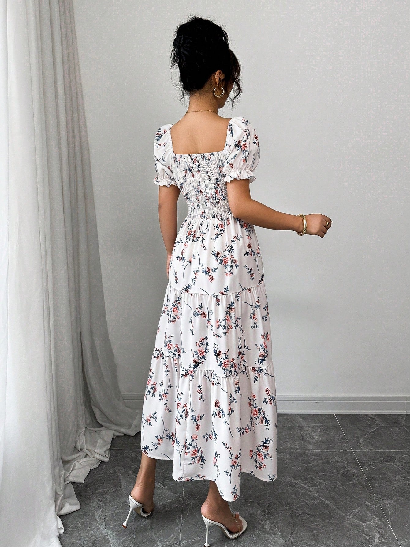 Elenzga Women's Burgundy Summer Boho Holiday Tea Party Holiday Square Neck Pleated Short Sleeve Ruffle Hem Maxi Dress,Ditsy Floral Beach Music Festival