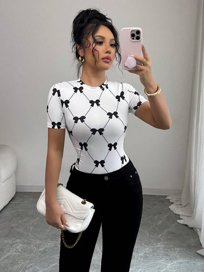 Elenzga Women's Casual Bow Print Short Sleeve T-Shirt, Summer
