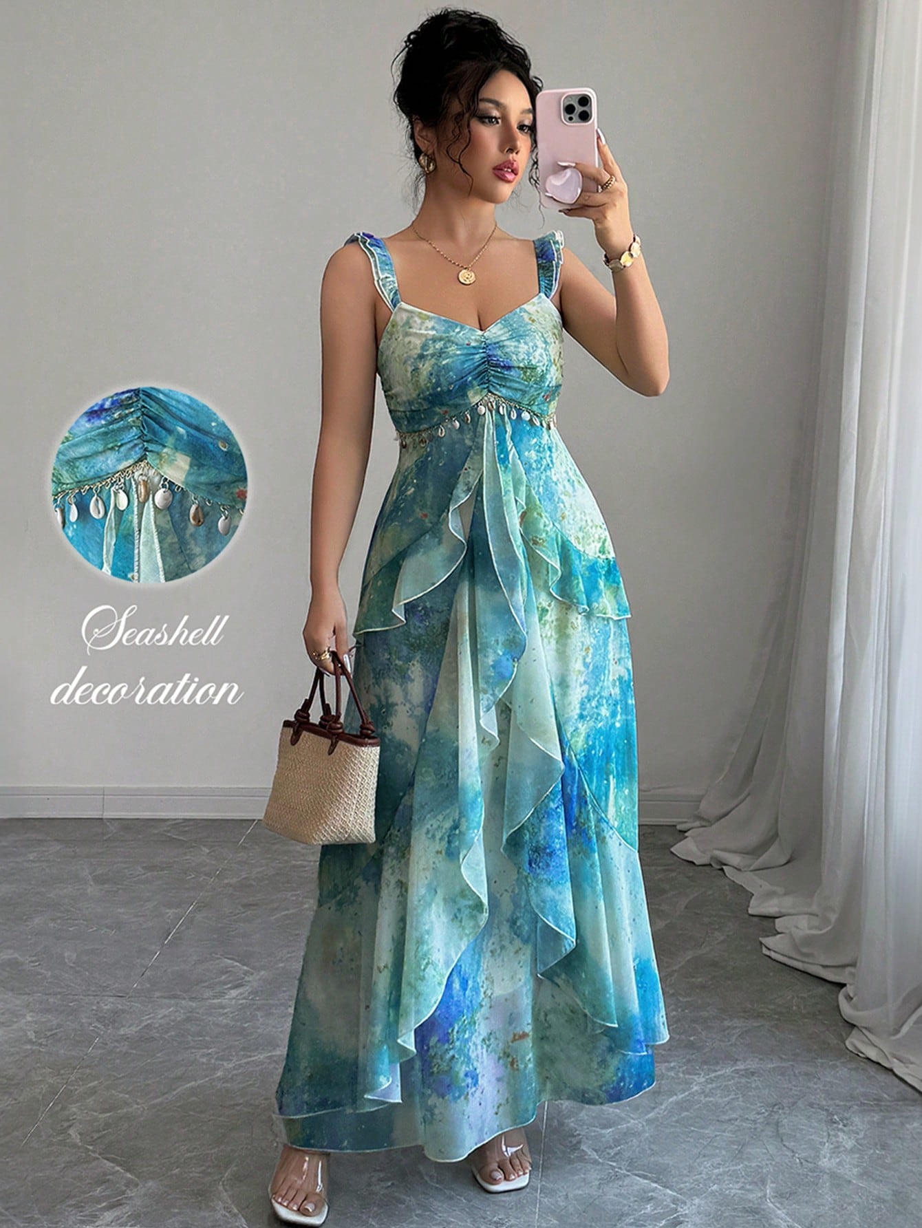 Elenzga Women's Elegant Blue Summer Casual Holiday Vacation Heart Neckline Ruffle Layered Asymmetrical Hem Tie Dye Watercolor Floral Print Maxi Long Dress