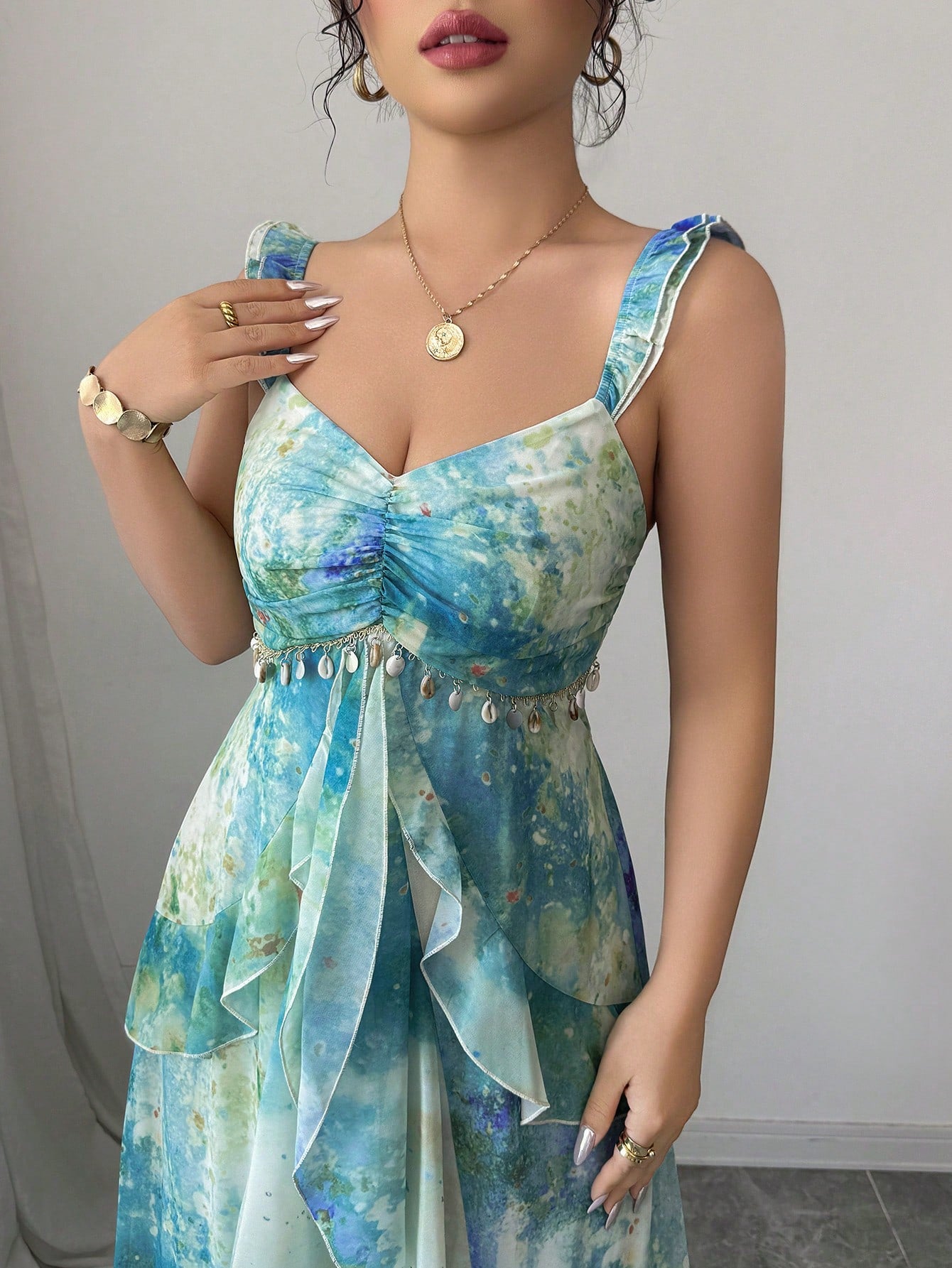 Elenzga Women's Elegant Blue Summer Casual Holiday Vacation Heart Neckline Ruffle Layered Asymmetrical Hem Tie Dye Watercolor Floral Print Maxi Long Dress