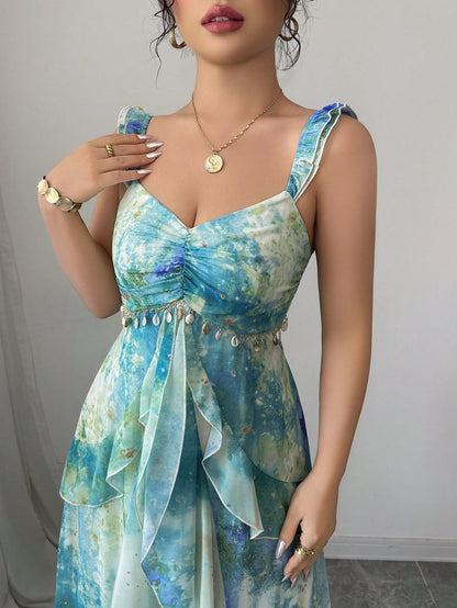 Elenzga Women's Elegant Blue Summer Casual Holiday Vacation Heart Neckline Ruffle Layered Asymmetrical Hem Tie Dye Watercolor Floral Print Maxi Long Dress