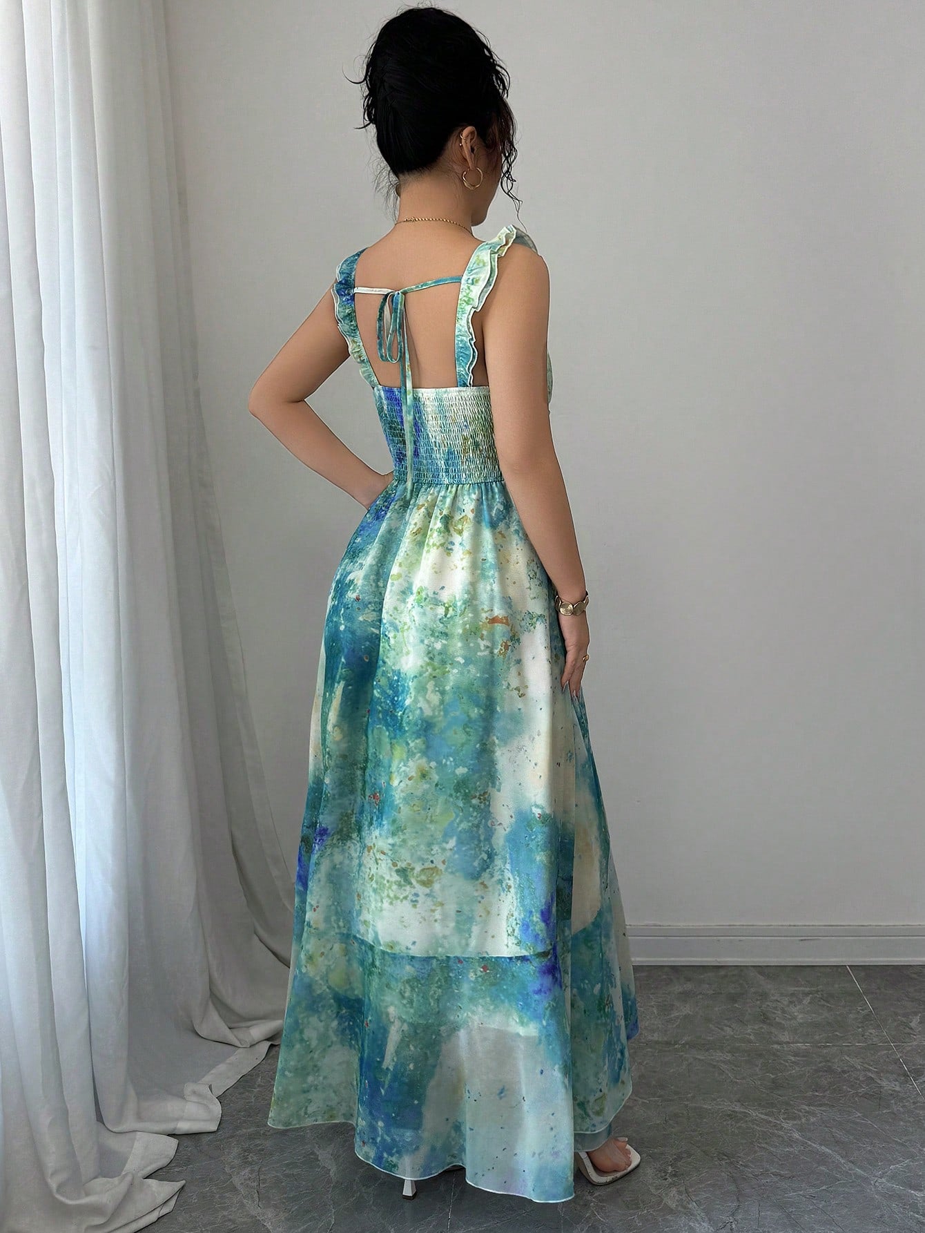 Elenzga Women's Elegant Blue Summer Casual Holiday Vacation Heart Neckline Ruffle Layered Asymmetrical Hem Tie Dye Watercolor Floral Print Maxi Long Dress