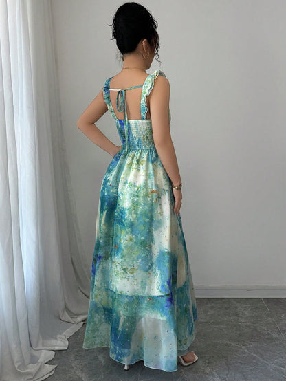 Elenzga Women's Elegant Blue Summer Casual Holiday Vacation Heart Neckline Ruffle Layered Asymmetrical Hem Tie Dye Watercolor Floral Print Maxi Long Dress