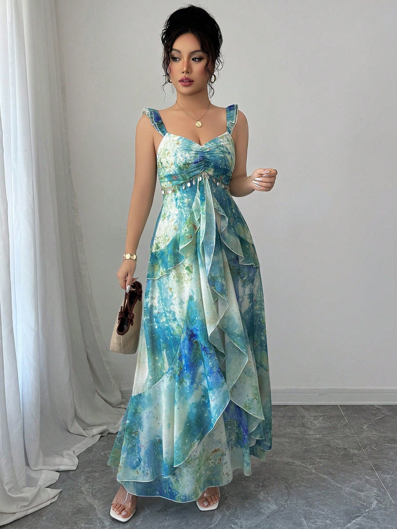 Elenzga Women's Elegant Blue Summer Casual Holiday Vacation Heart Neckline Ruffle Layered Asymmetrical Hem Tie Dye Watercolor Floral Print Maxi Long Dress