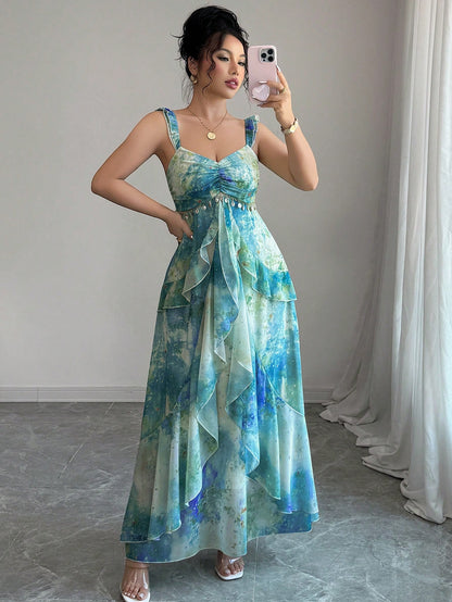 Elenzga Women's Elegant Blue Summer Casual Holiday Vacation Heart Neckline Ruffle Layered Asymmetrical Hem Tie Dye Watercolor Floral Print Maxi Long Dress