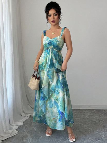 Elenzga Women's Elegant Blue Summer Casual Holiday Vacation Heart Neckline Ruffle Layered Asymmetrical Hem Tie Dye Watercolor Floral Print Maxi Long Dress