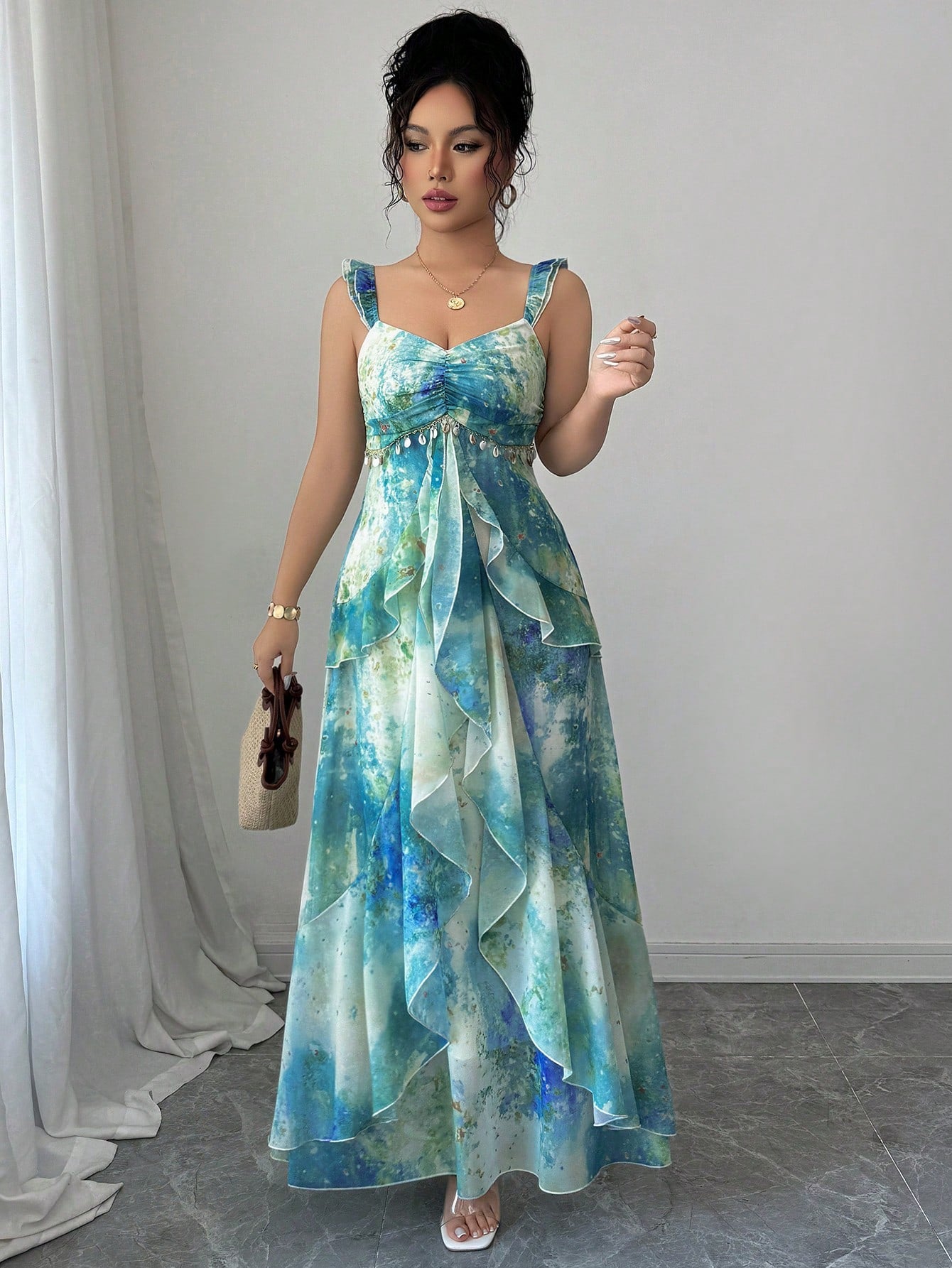 Elenzga Women's Elegant Blue Summer Casual Holiday Vacation Heart Neckline Ruffle Layered Asymmetrical Hem Tie Dye Watercolor Floral Print Maxi Long Dress