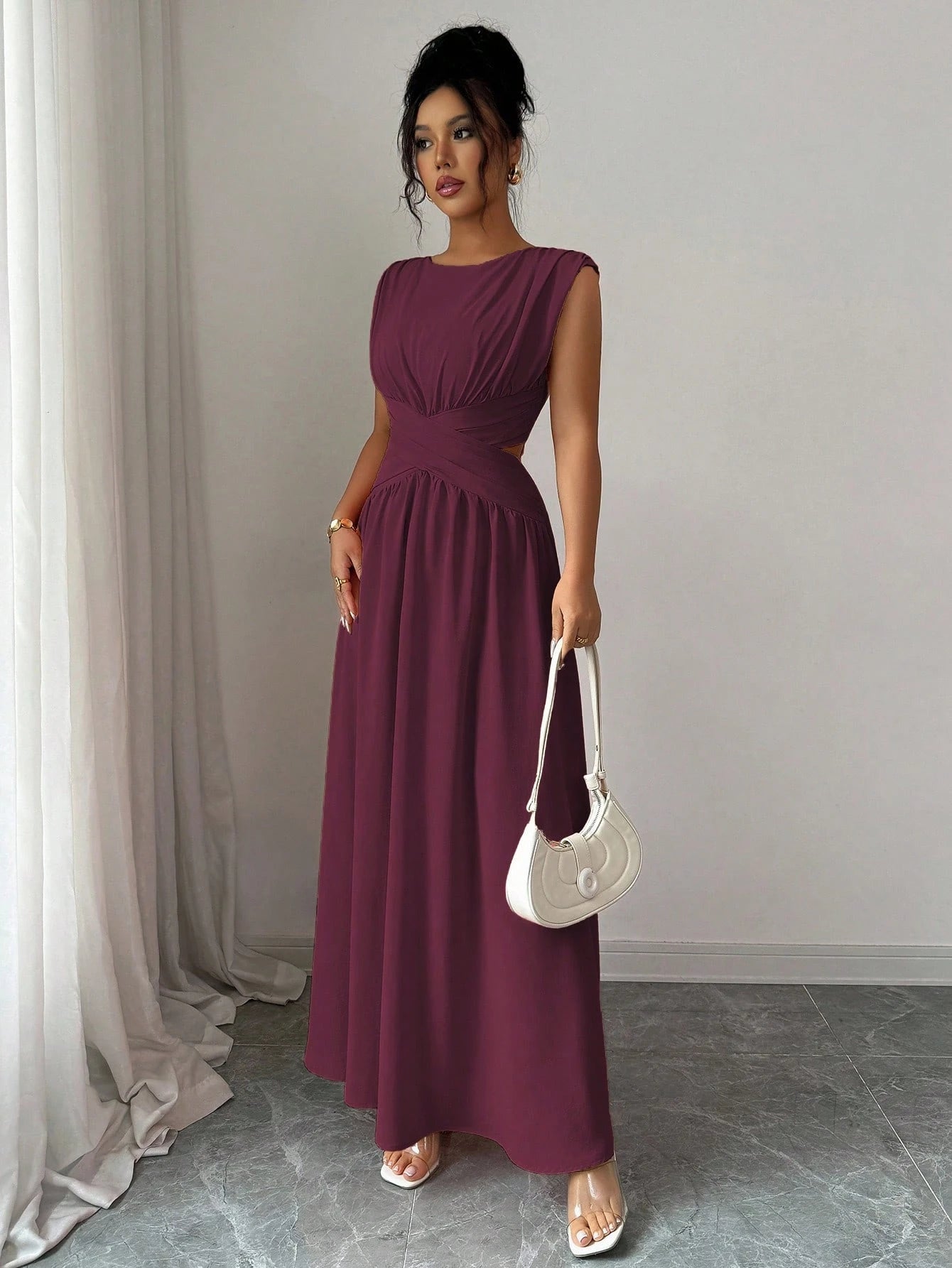 Elenzga Women's Elegant Dark Purple Round Neck Sleeveless Maxi Dress,Summer Vintage Hollow Waist Crisscross Pleated A-Line Dress For Dining,Office,Vacation