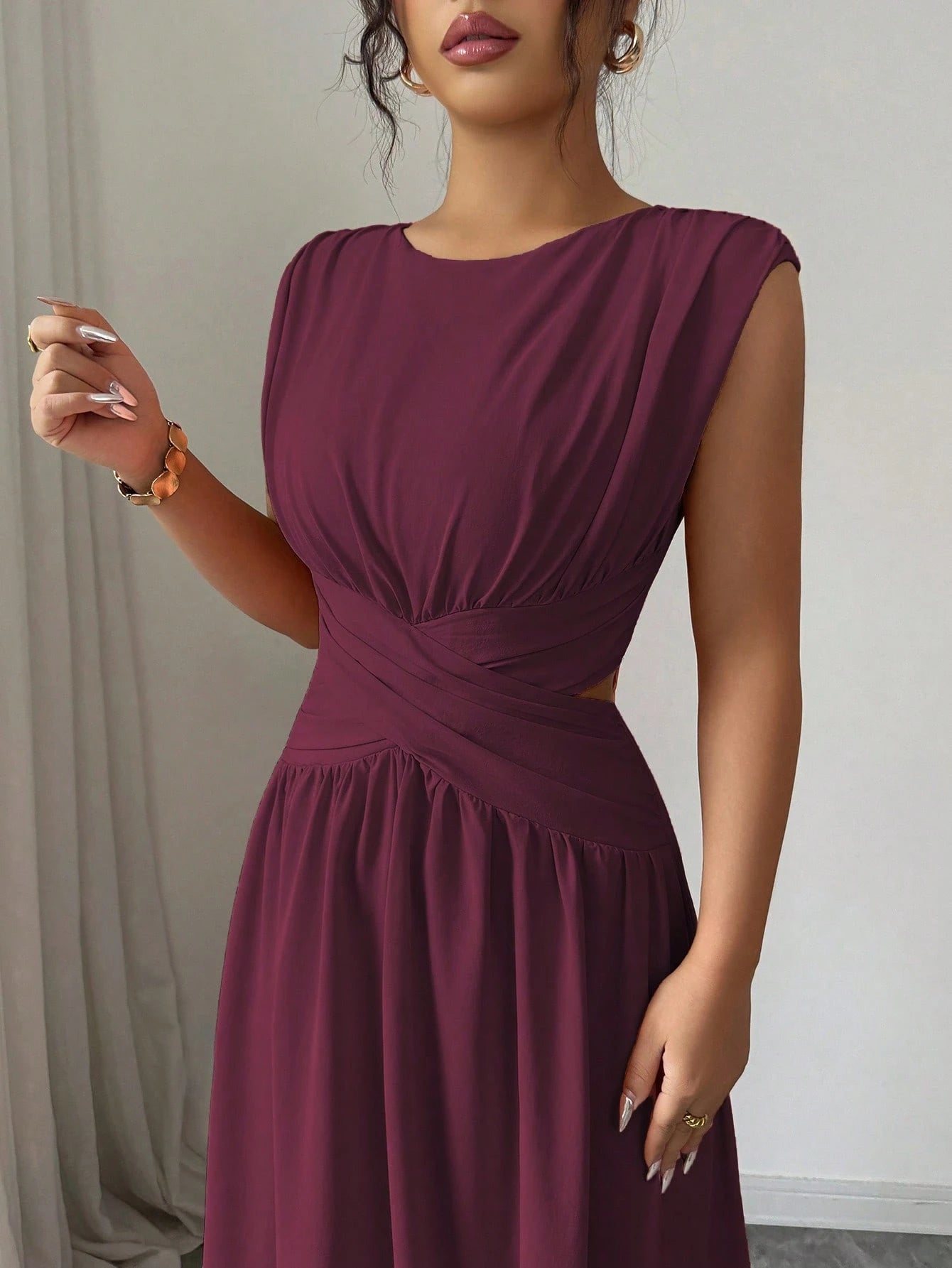 Elenzga Women's Elegant Dark Purple Round Neck Sleeveless Maxi Dress,Summer Vintage Hollow Waist Crisscross Pleated A-Line Dress For Dining,Office,Vacation