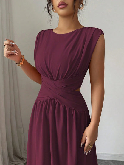 Elenzga Women's Elegant Dark Purple Round Neck Sleeveless Maxi Dress,Summer Vintage Hollow Waist Crisscross Pleated A-Line Dress For Dining,Office,Vacation