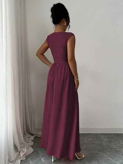 Elenzga Women's Elegant Dark Purple Round Neck Sleeveless Maxi Dress,Summer Vintage Hollow Waist Crisscross Pleated A-Line Dress For Dining,Office,Vacation